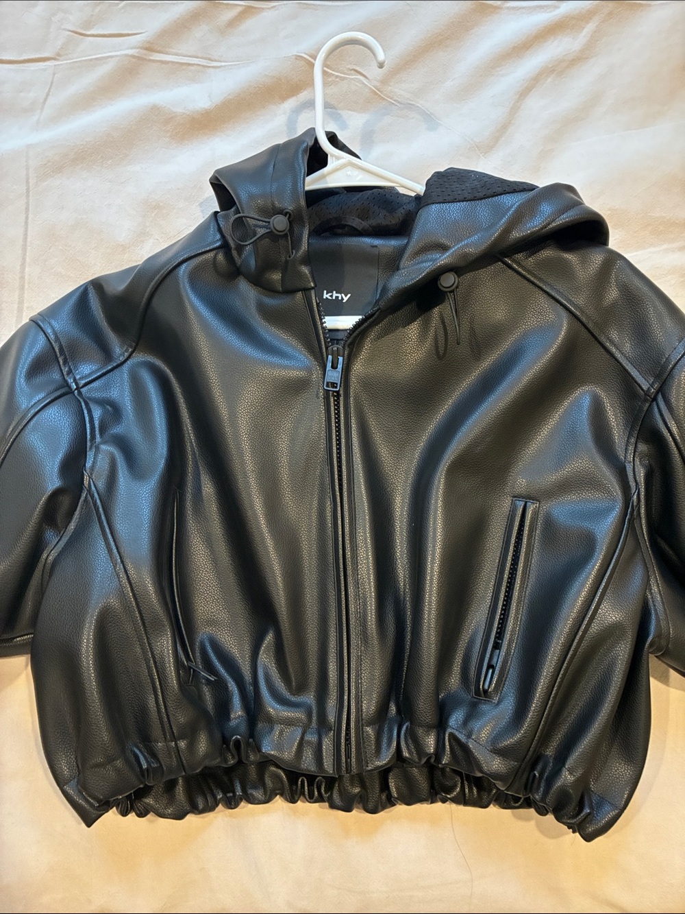 Khy Black Cropped Leather Hooded Jacket in new condition
